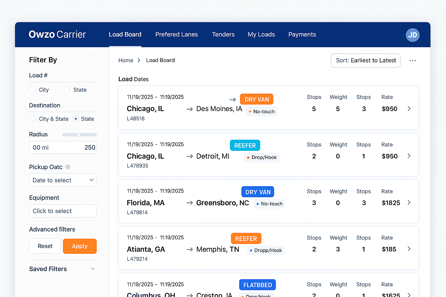 Owzo carrier load board screenshot