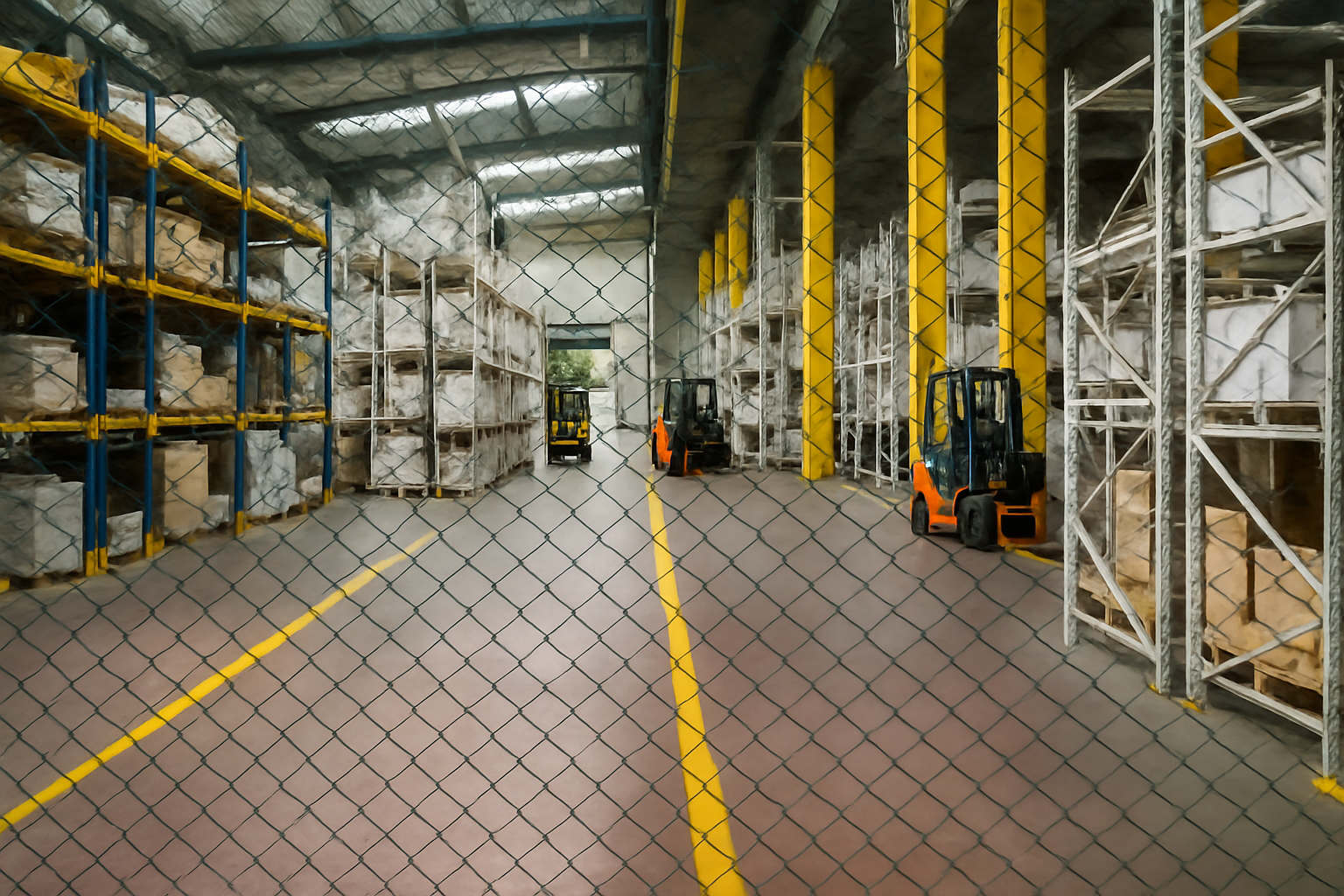 Wide warehouse aisle with columns and palletized freight