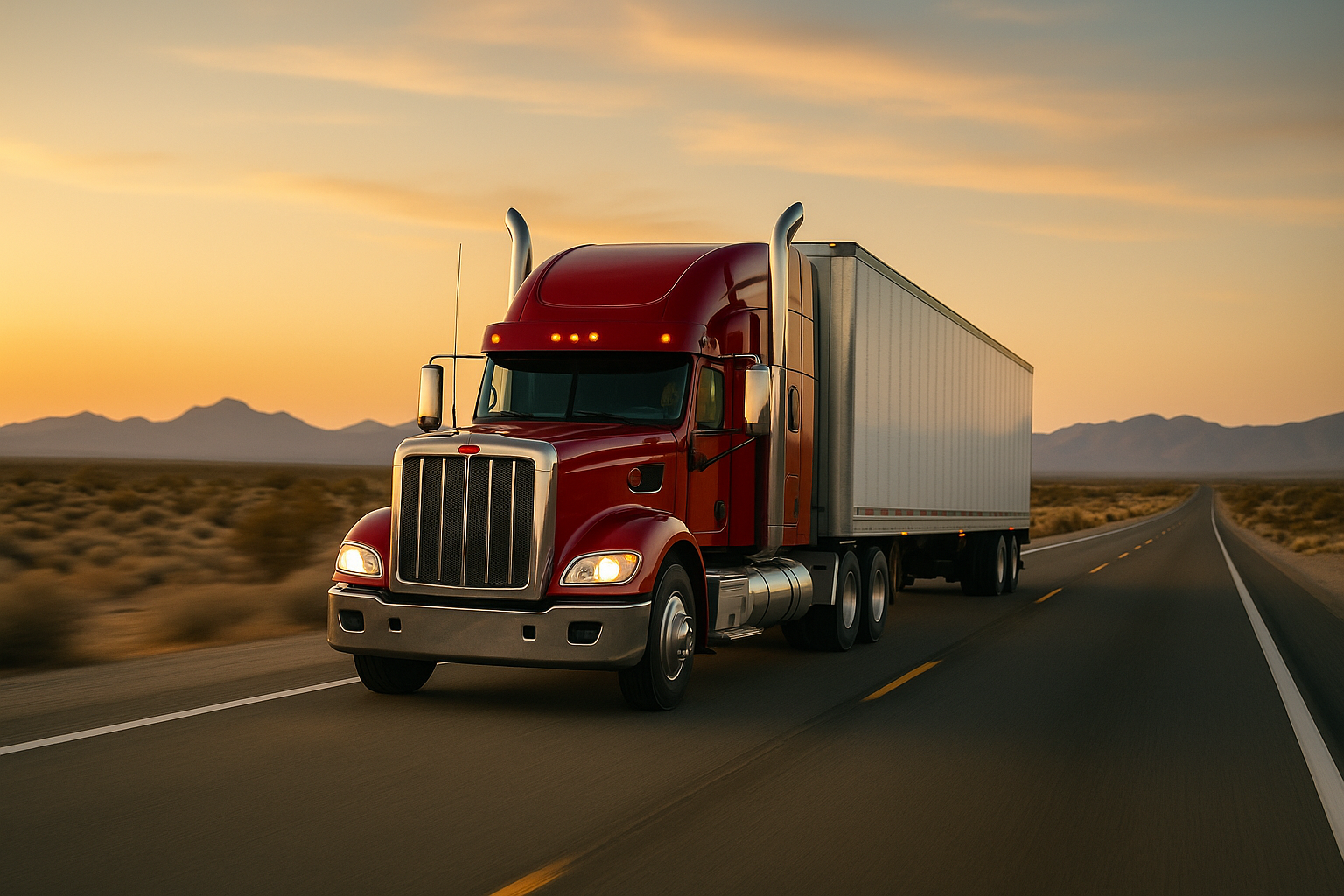 Modern red semi truck driving through a light-lined tunnel