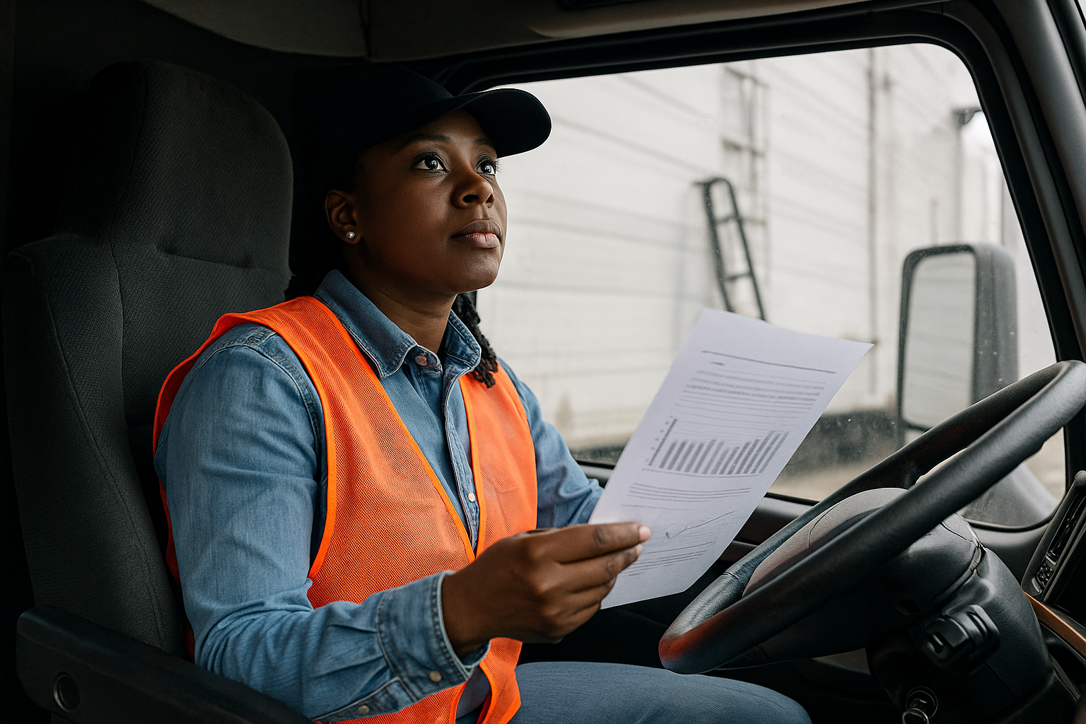 Professional driver in a modern truck cab looking forward