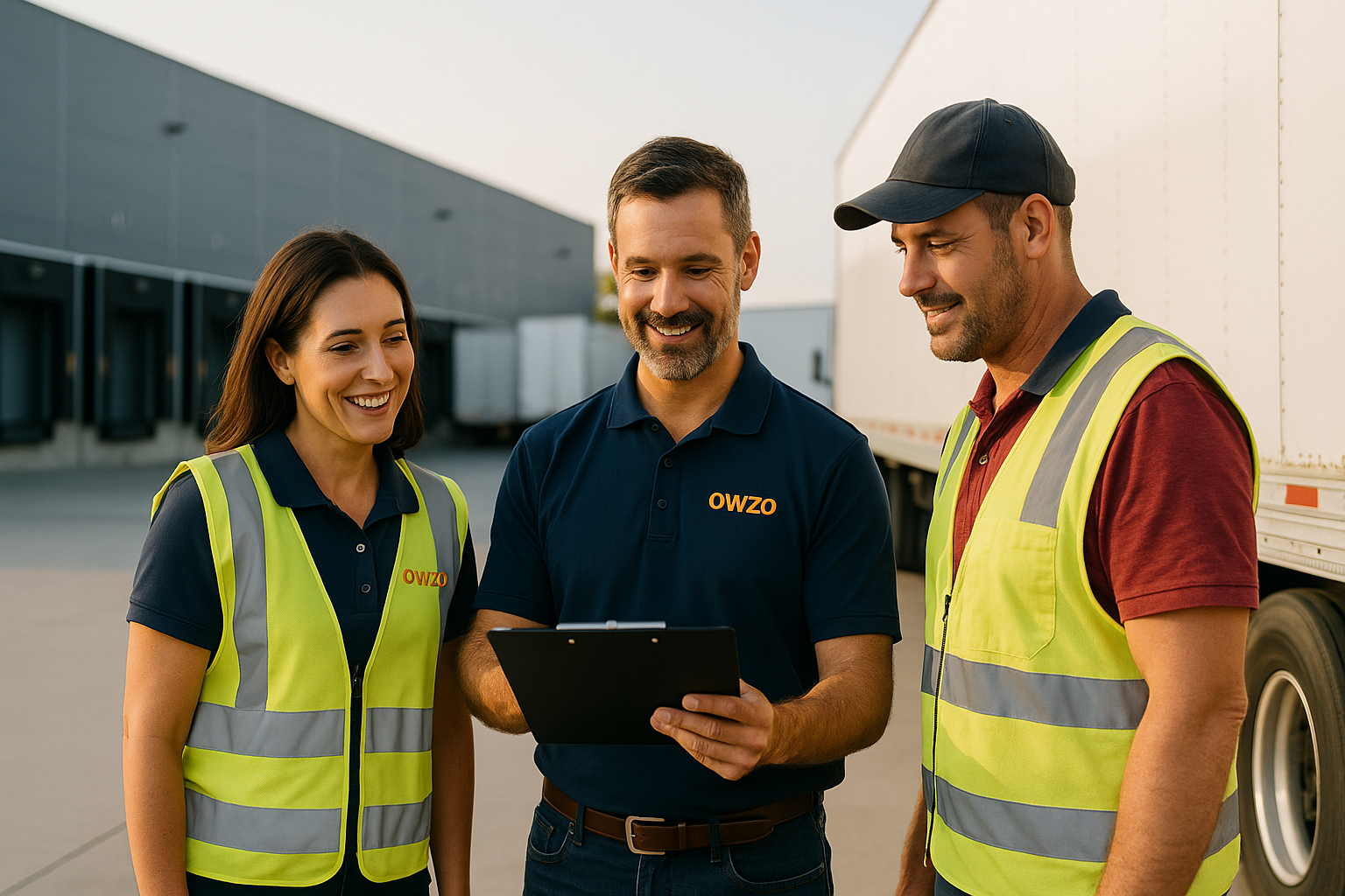 OWZO team coordinating beside a trailer at a distribution center