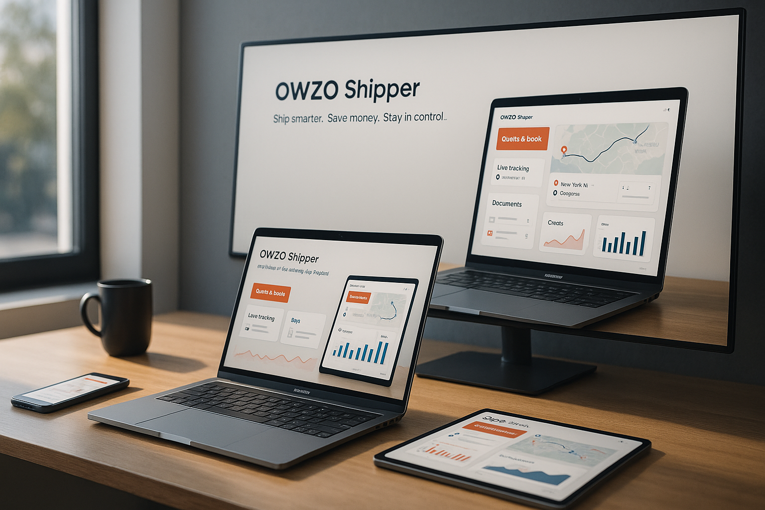 OWZO Shipper web portal on a laptop with live tracking and rate options