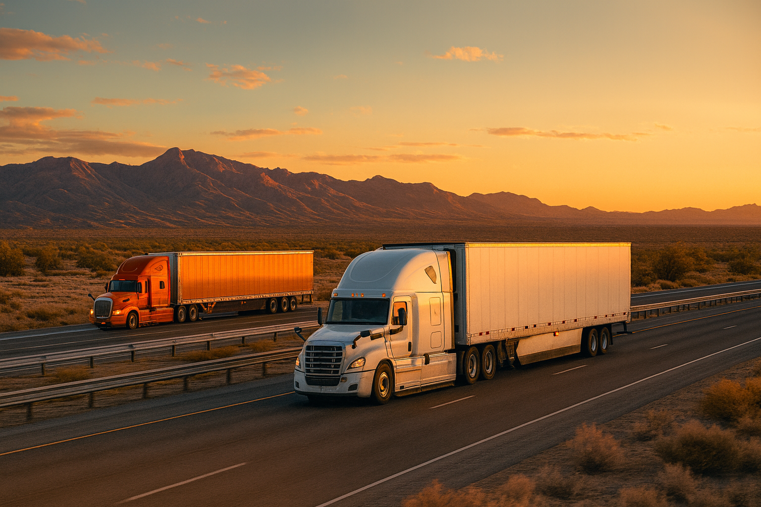 Freight trucks on the move at sunset